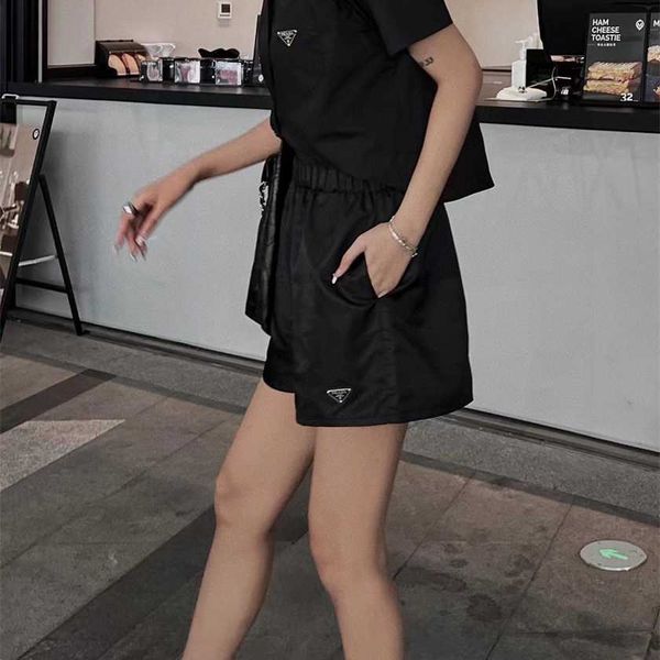 

26% off family spring/summer new trendy and cool fashion triangle nylon short shirt+straight shorts set, White