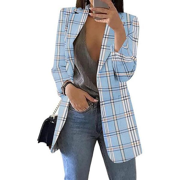 

pants vintage women plaid print lapel slim blazers sprint autumn long sleeve midlength coat elegant office lady open stitch cardigan, White