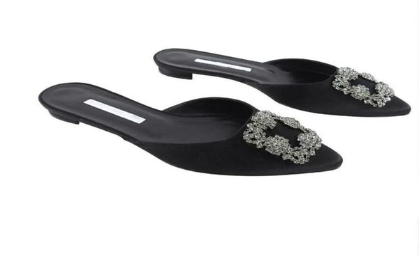 

fashion summer white hangisi sandals black satin jewel mule flat shoes women crystal buckle embellished pumps party wedding dress 2771772