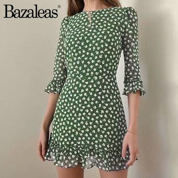 

dresses bazaleas fashion o neck ruffles dresses vintage green floral print chiffon vestidos palace flare sleeve women dress, Black;gray