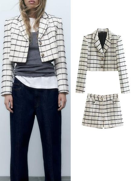 

dress traf cropped vrouwen plaid blazer jas 2022 herfst vrouwelijke mode streetwear dames jas zakken korte lange mouwen meisjes outfit, White