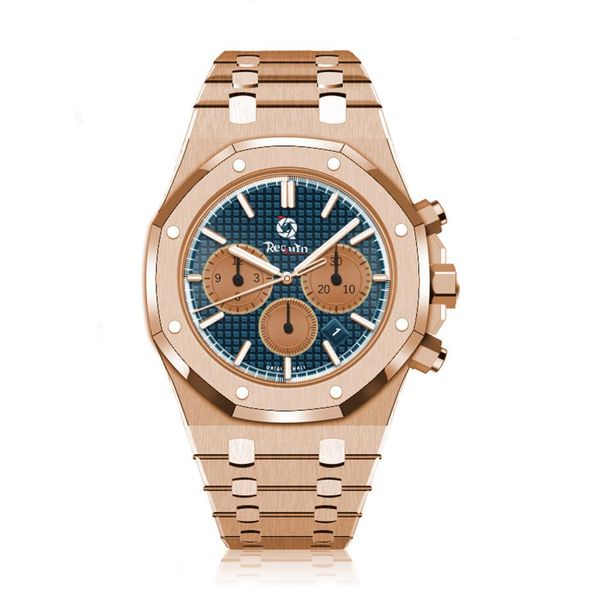 

men's automatic mechanical watch requin oo15202 gold stainless steel case royal blue six hands multifunction calendar dial fo184c, Slivery;brown