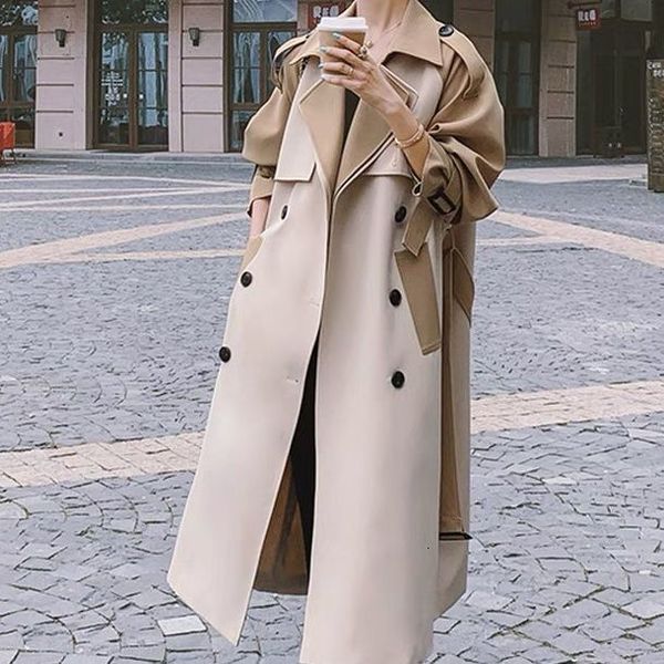 

women's trench coats korean female style double button patchwork windbreaker long sleeves autumn winter women outerwear 230421, Tan;black