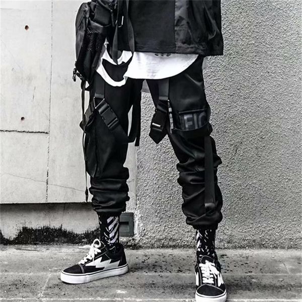 

pants 2022 new hiphop jogger men's black overalls multipocket ribbon men's sports pants streetwear casual men's casual pants