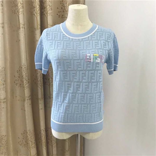 

26% off feng summer new round neck hollow out letter jacquard short sleeve ice silk knit women's t-shirt, White;black