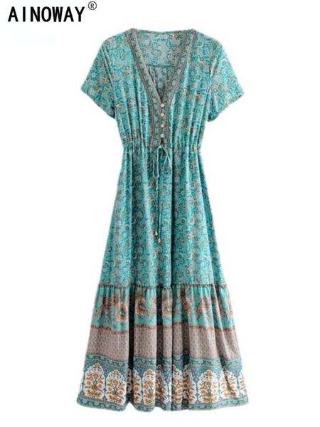 

dresses vintage chic women floral print bat sleeve beach bohemian maxi dresses ladies button v neck summer boho dress robe vestidos, Black;gray