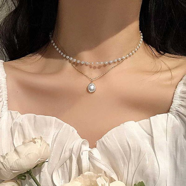 

pendant necklaces 2023 new korean fashion elegant pearl choker necklace simple style cute double layer chain pendant woman jewelry accessori, Silver