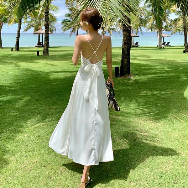 

dresses white spaghetti strap dress women summer beach dress holiday sleeveless bow lace up bandage elegant backless dresses, Black;gray