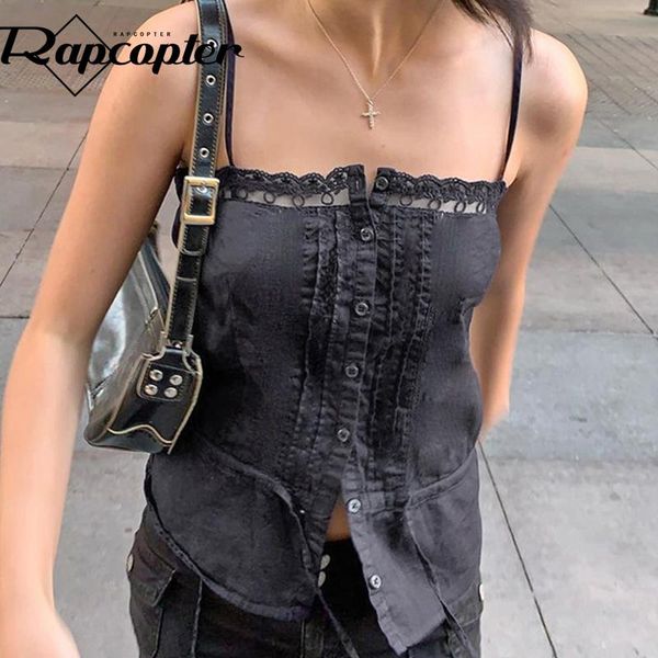 

t-shirt rapcopter y2k lace trim crop button tie up cute camis women retro elegant summer sweats 2022 new casual chic tee mini vests, White