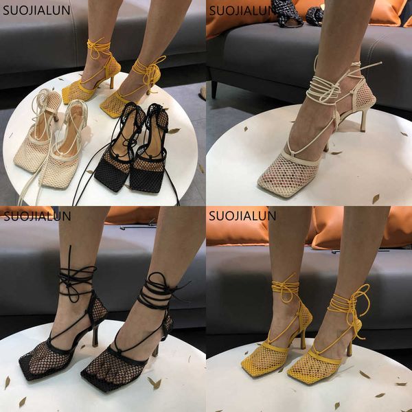 

sandals hollow breathable mesh women sandals square toe stiletto high heels pumps ankle lace-up elegant dress shoes 230316, Black