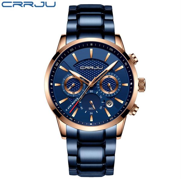 

cwp 2021 crrju business men watch fashion blue chronograph stianless steel wristwatch casual waterproof clock relogio masculi253v, Slivery;brown