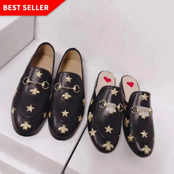 

classic women flat designer dress shoes 100% cowhide metal buckle lady shoes leather letter casual shoe mules princetown men trample laz qus, Black