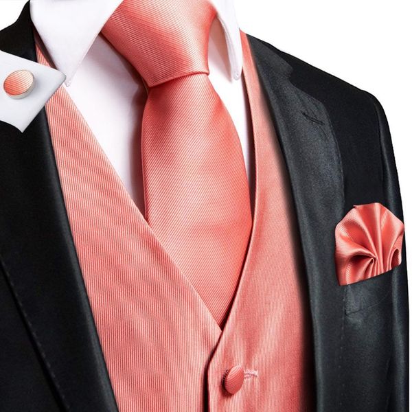 

blazers hitie coral pink solid silk mens slim waistcoat necktie set for suit dress wedding 4pcs vest necktie hanky cufflink set, White;black