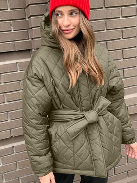 

leather autumn winter women parkas coat with belt casual loose arygle hooded parkas women fashion thick short coats high quality, Black