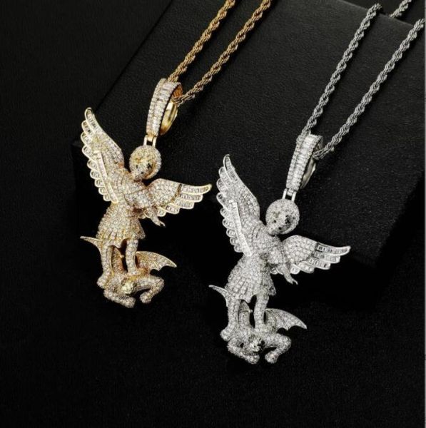 

hip hop pendants micro paved aaa cubic zirconia bling iced out angel defeats demon necklace for men rapper jewelry gift1736252, Silver