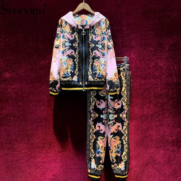 

pants svoryxiu designer autumn winter pants casual suits women's fashion long sleeve flower letter print hoodie + pants two piece set, White