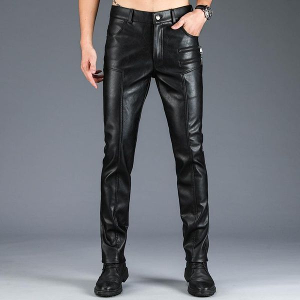 

pants new autumn winter men's pants genuine leather trousers pencil slim cowskin pant waterproof moto biker trouser haircutter pant, Black