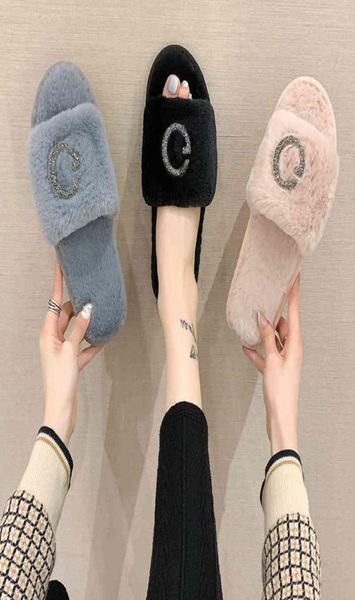 

2021 winter women half fur slippers fashion g letter faux fur warm flat shoes slip on home bedroom ladies fuzzy slipper6729434, Black