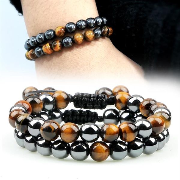 

2pcs hematite tiger eye beads strands bracelets handmade adjustable men health protection energy stones couple distance bangles je3007, Black