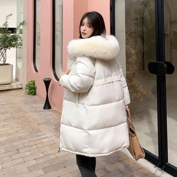 

leather women medium long hooded parka with fur collar winter jacket 2022 fashion baggy thicken coat casual warm puffer coat 4xl, Black