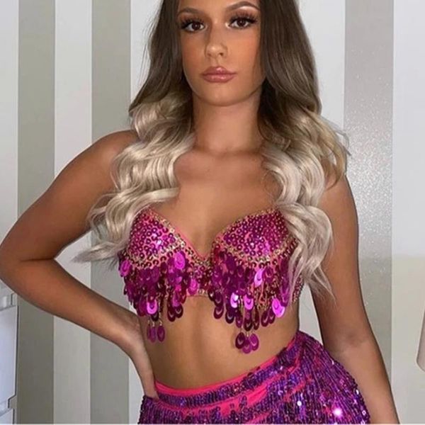 

t-shirt y2k sequin tassel crop outfits women summer v neck night club festival costume fashion bra padded camisole, White