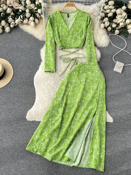 

two piece dress singreiny women chiffon vacation bohemian two pieces suits summer lace up split long skirt sets y2k floral print beach sets, White