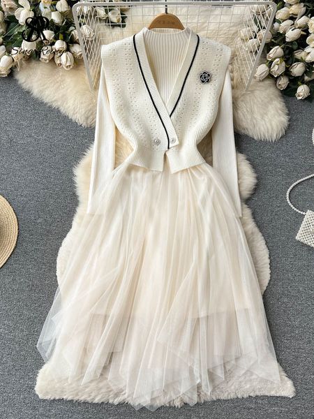 

two piece dress singreiny autumn knitted retro sets women knit spliced mesh long dressshort v neck tank fashion sweater two pieces suits 230, White