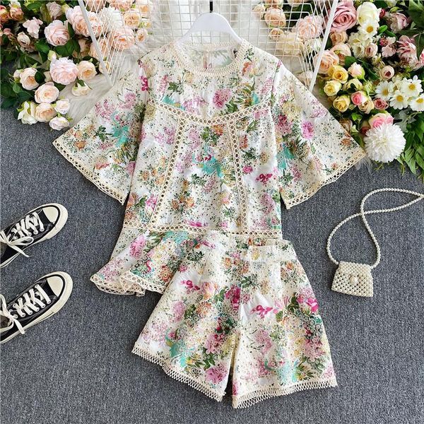 

dress menahem 2021 summer elegant flower embroidery lace two piece set women flare sleeve hollow out shirt + wide leg shorts set, White