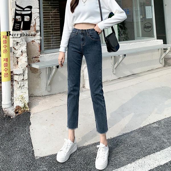 

jeans vrouwen broek hoge taille rechte pijpen skinny vrouwen cropped broek koreaanse mode zomer kleding voor vrouwen bejeans, Blue