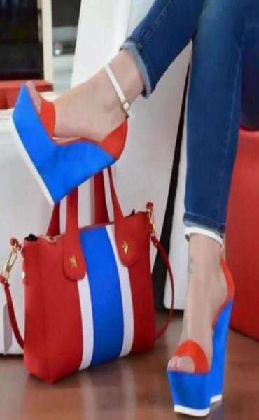 

15cm luxury women shoes red blue high heel platform wedges designer sandals 2018 size 35 to 408166449, Black