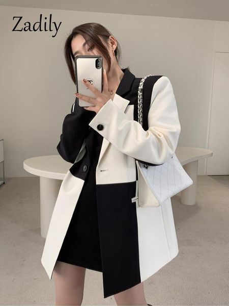 

pants zadily 2022 autum oversize full sleeve women long blazer office lady black white patchwork suit blazer work female clothing coat
