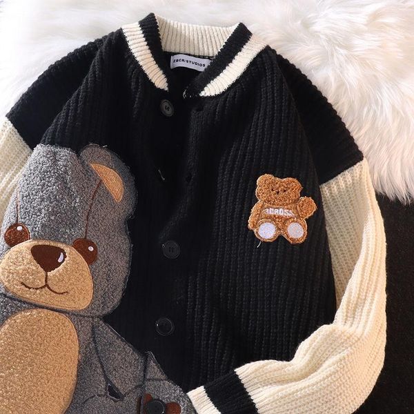 

sweaters bear embroidery knitted cardigan fashion flocking sweater women cardigan loose allmatch oversized cardigan knitted sweater, White;black