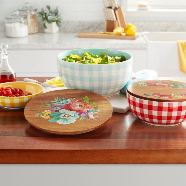 

3-piece floral check ceramic lidded bowl set