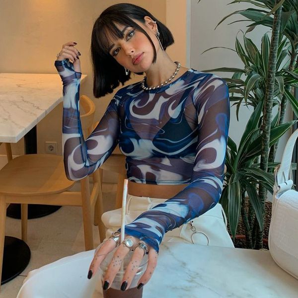 

women's t-shirt doury fashion female crop mesh sheer print round neck long sleeve t-shirt pullovers streetwear y2k harajuku 230421, White