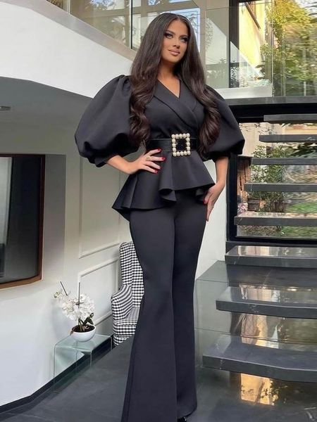

pants elegant two piece sets half puff sleeve v neck peplum and high waist flare pants suits office lady cocktail party 2022, White
