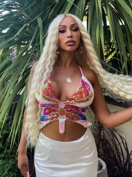

t-shirt gillter women back laceup festival raves crop sequin halter bandage butterfly party club nightclub thank top, White