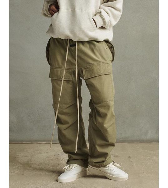 

pants 7th spring fall men's distressed ribbon multipocket drawstring overalls trousers pants, Black