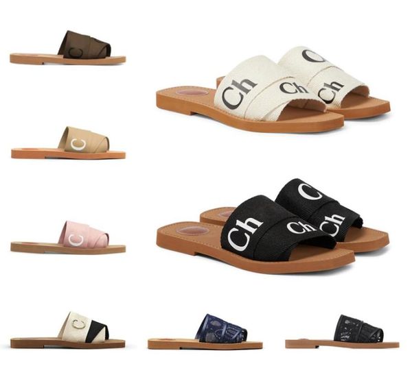

designer canvas slippers women woody mules flat snadals rubber slides beige white black pink lace lettering fabric womens summer o6053505