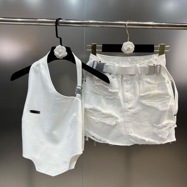 

dress prepomp metal buckle backless halter tank slim short denim skirt ripped holes belt denim two piece set women outfits gf843, White