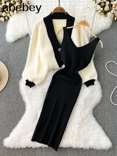 

dress contrast color knitted women sets loose long sleeves cardigan sweater+ solid elastic dress french style casual two piece set, White