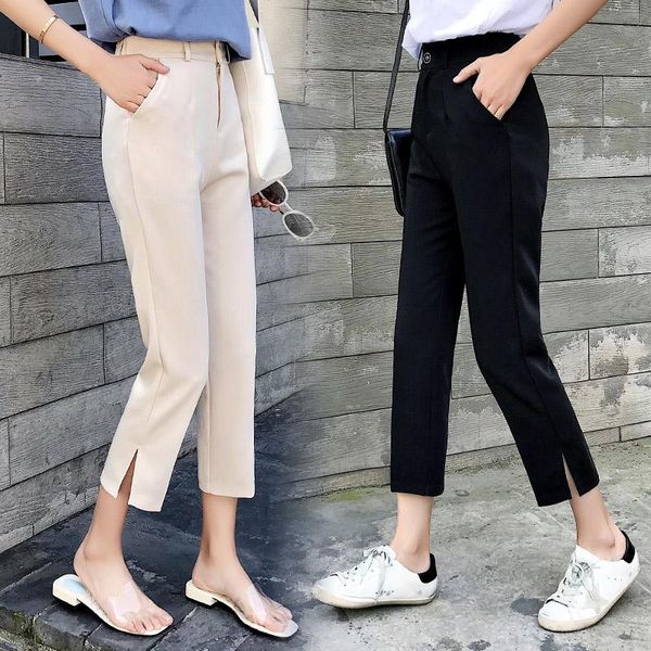 

capris tingyili korean style summer women suit pants high waist beige black pants with slit elegant ladies girls casual pants capri, Black;white