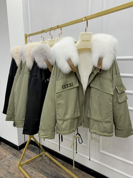 

fur new womens winter real fur coats women warm real fox fur coat imported rex rabbit fur liner oversized streetwear women parkas, Black