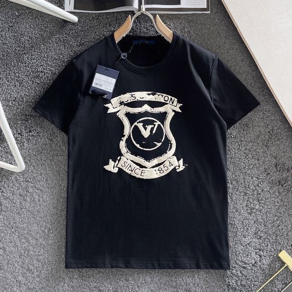 

summer men tee shirt blue emblem print short sleeve couple casual loose crew neck elegant oversize black t-shirt, Black;brown