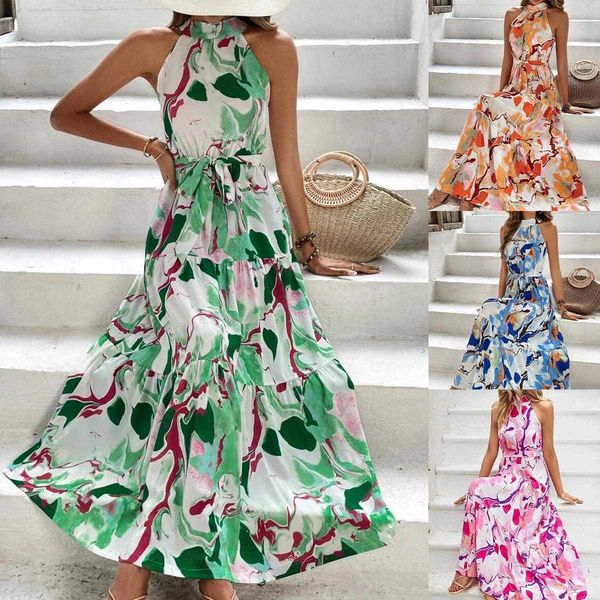 

summer womens clothing bohemian print sleeveless ruffle dress, Black;gray