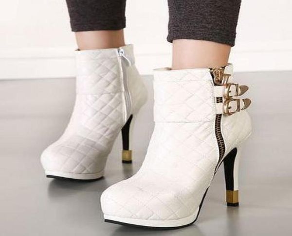 

chic women boots grid design platform shoes metal decorated winter black leather boots 2 colors size 35 to 408806204