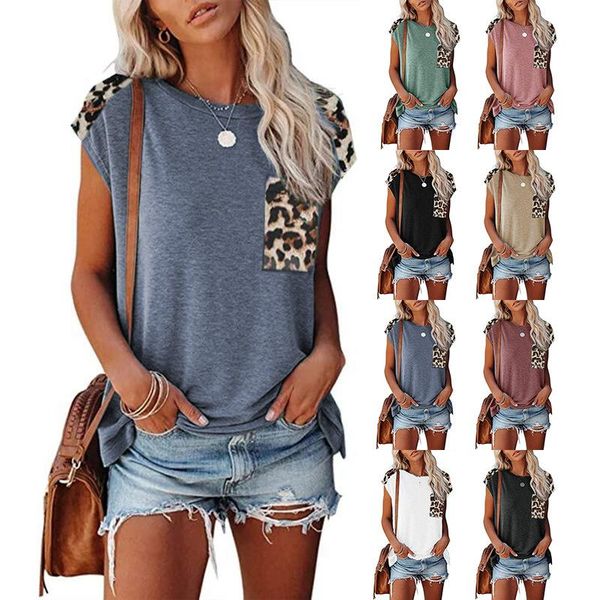 

tanks zity 2022 leopard pocket raglan women casaul loose tank round neck short sleeve splicing casual loose, Black;white