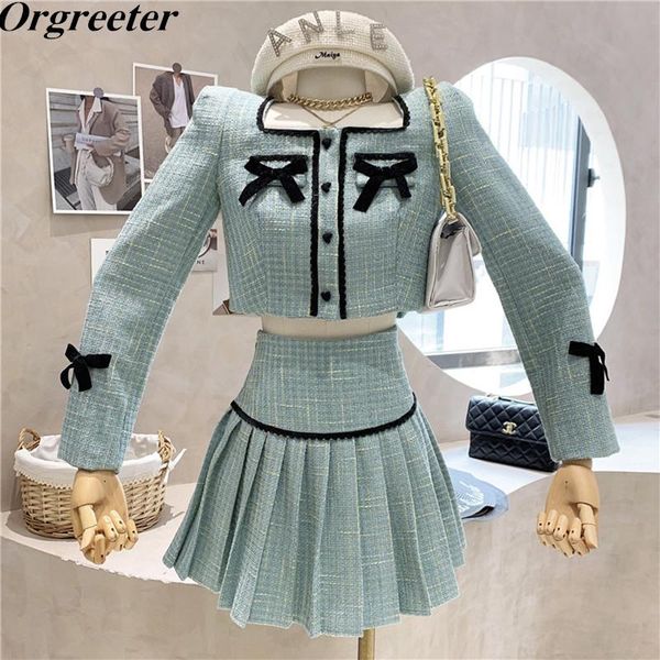 

dress fall winter tweed two piece set women sweet bowknot crop jacket coat + mini pleated skirt suits ensemble femme, White