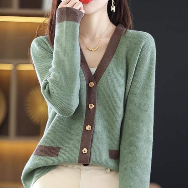 

sweaters spring autumn women's vneck knitted coat elegant allmatch retro color matching long sleeve cardigan sweaters female clothing, White;black