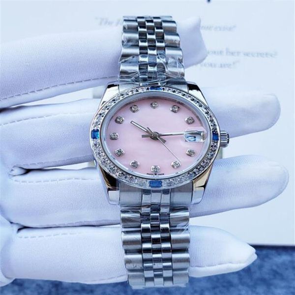 

pink automatic mechanical women's watch blue double diamond bezel 31mm sapphire mirror stainless steel girl wris2396, Slivery;golden