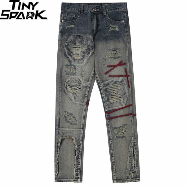 

pants men hip hop streetwear denim pants embroidery ripped hole denim pants 2022 harajuku cotton joggers jeans trousers harem pants, Black